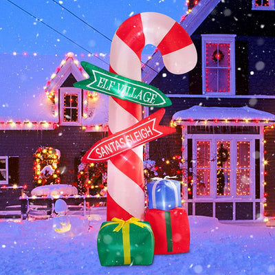 9 Ft Tall Christmas Inflatables Outdoor Decorations, Inflatables Candy Cane with Road Sign Blow up Merry Christmas Bag Yard Decoration Built-In LED Lights for Outdoor Party Holiday Decor